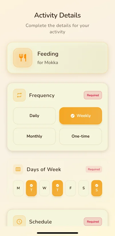 Team Pet activity screen showing a feeding task for Mokka with daily, weekly, monthly and one-time frequency options